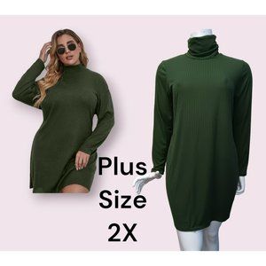 Women's Ribbed Knit Olive Green Sweater Dress with long neck Plus Size 2X